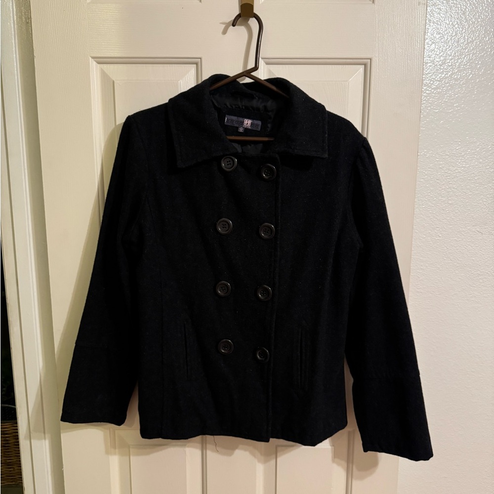 Full Tilt Black Double-Breasted Wool Blend Pea Coat